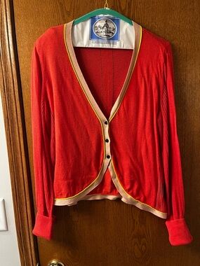 Simply Vera Vera Wang Red Button-Front Cardigan with Beige and Yellow Trim